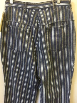 Womens, Pants, N/L, Denim Blue, White, Mustard Yellow, Cotton, Stripes - Vertical , 25, 29, Flat Front, 4 Pockets, Zip Front, Belt Loops, Twill, Printed Patterned Stripes