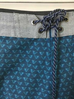 Mens, Swim Trunks, VISSLA, Slate Blue, Gray, Sea Foam Green, Blue, Polyester, Cotton, Geometric, W:38, Board Shorts, Slate Blue with Blue/Seafoam Triangles Pattern, Gray 2" Wide Waistband, Velcro Closures at Waist, Navy and White Cord Ties at Waist, Gray Trim at Leg Openings and Side Seam, 10" Inseam