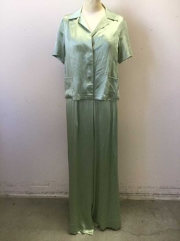 Womens, 1930s Vintage, Piece 1, Mint Green, Silk, Solid, Pajamas, Camp Shirt, Button Front, S/S, Sleepwear