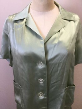 Womens, 1930s Vintage, Piece 1, Mint Green, Silk, Solid, Pajamas, Camp Shirt, Button Front, S/S, Sleepwear