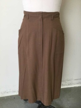 Womens, Skirt, FRELICH'S, Brown, Cotton, Solid, W:28, Vertical Pleat From Center Front to Hem, Hiding Zip Closure Underneath, Tiny Belt Loops at Waist, 2 Low Slung Pockets at Side Hips, Straight Fit, Hem Mid-calf,