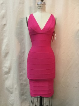 Womens, Dress, Sleeveless, HERVE LEGER, Hot Pink, Spandex, Synthetic, Solid, S, V-neck, Sleeveless, Body Contour, Hand Stitching at Top of Center Back Can Be Removed