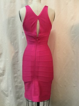 Womens, Dress, Sleeveless, HERVE LEGER, Hot Pink, Spandex, Synthetic, Solid, S, V-neck, Sleeveless, Body Contour, Hand Stitching at Top of Center Back Can Be Removed