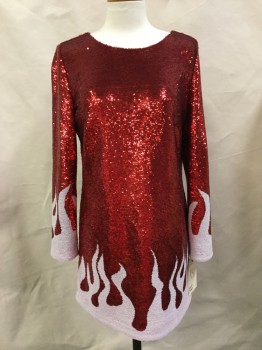 EACH OTHER, Red, White, Polyester, Novelty Pattern, Short Sheath, Round Neck,  Long Sleeves, Pullover, Button Back Neck, Flames Licking Up From Hem and Sleeve Cuffs
