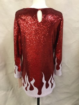 EACH OTHER, Red, White, Polyester, Novelty Pattern, Short Sheath, Round Neck,  Long Sleeves, Pullover, Button Back Neck, Flames Licking Up From Hem and Sleeve Cuffs