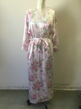 Womens, SPA Robe, OSCAR DE LA RENTA, Lt Pink, Mint Green, Green, Silk, Floral, M, Pink Background, with Pink/Mint/Green Floral, Self Belt, Self Interior Tie, Ankle Length