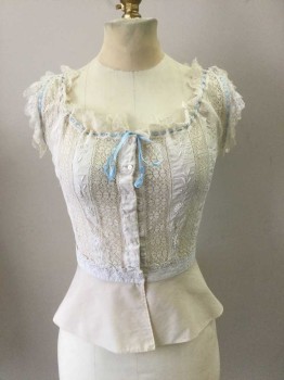 NL, Cream, Cotton, Floral, Delicate Floral Embroidery with Lace Inlay Panels, Button Front. Scoop Neck and Armholes with Light Blue Ribbon Lacing. Peplum Lower.tuck Pleats at Back. Repair Detail at Front Left Waist. the Name "Grace" on Left Bust/heart. Snap Front Closure