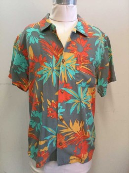 QUIKSILVER, Gray, Mint Green, Orange, Red, Cotton, Hawaiian Print, Floral Hawaiian Shirt, Short Sleeves, Button Front, Collar Attached, 1 Pocket