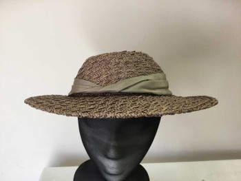 Womens, Hat, N/L, Taupe, Straw, Silk, Straw Flat Brim Hat with Taupe Silk Twisted Band with Bow Back