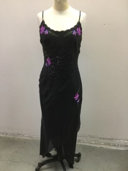 EVENING BOUQUET, Black, Purple, Pink, Silk, Polyester, Floral, Solid, Black Bias Cut Overlay with Adjustable Spagetti Straps. Purple & Pink Embroidered Floral Pattern with Black Bead Work Detail.. Asymmetric Hemline.