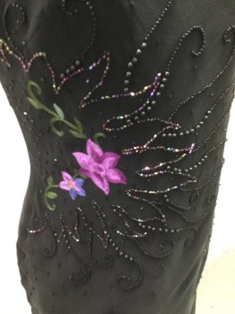 EVENING BOUQUET, Black, Purple, Pink, Silk, Polyester, Floral, Solid, Black Bias Cut Overlay with Adjustable Spagetti Straps. Purple & Pink Embroidered Floral Pattern with Black Bead Work Detail.. Asymmetric Hemline.