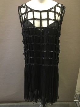 FREE PEOPLE, Black, Viscose, Sequins, Geometric, Sleeveless, Removable Black Slip, Overdress Open Work of Sequins with Wrinkle Chiffon Skirt, Possible 1920s Flapper
