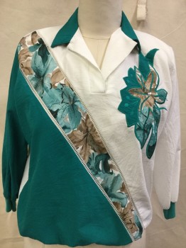 REGAL, Emerald Green, White, Sea Foam Green, Brown, Khaki Brown, Polyester, Color Blocking, Floral, 3/4 Sleeves, Pull Over, V-neck, Collar Attached,