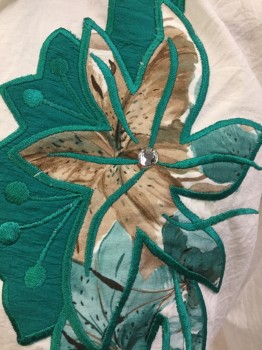 REGAL, Emerald Green, White, Sea Foam Green, Brown, Khaki Brown, Polyester, Color Blocking, Floral, 3/4 Sleeves, Pull Over, V-neck, Collar Attached,