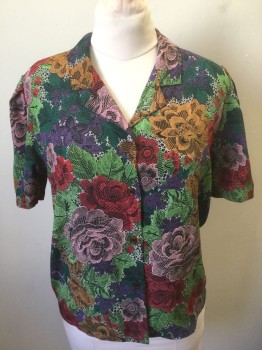 Womens, Blouse, N/L, Multi-color, Black, Red, Pink, Orange, Polyester, Floral, Abstract , B:40, Illustrated Lines Floral, Short Sleeve Button Front, Notched Collar, Puffy Gathered Sleeves,