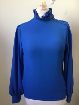 SUCCINI, Primary Blue, Synthetic, Solid, Pullover, Button Shoulder, Side Button Collar with Ruffle, Long Sleeves Pleated at Shoulder