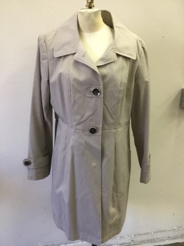 Womens, Coat, Trenchcoat, GALLERY, Beige, Cotton, Polyester, Solid, L, Button Front, Notched Lapel, Slit Pockets, Side Tabs, Pleated Front