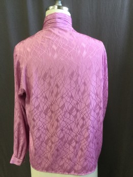 PIERRE CARDON BOUTIQ, Dusty Pink, Polyester, Abstract , Gathered Mock Neck with 2 Self Cover Buttons, 3 Hidden Button Front Off Side, Long Sleeves, (missing 1 Cover Button on Left Cuff)