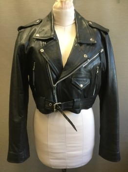 N/L, Black, Leather, Solid, Motorcycle Style, Zip Front, Snap Down Collar Attached, 3 Zip Pockets, 1 Flap Pocket, Epaulets, Self Belt, Zip Sleeve Hem