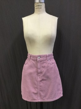 Womens, Skirt, Mini, TOPSHOP, Mauve Pink, Cotton, Solid, 4, Corduroy, Zip Fly Front, 5 + Pockets,