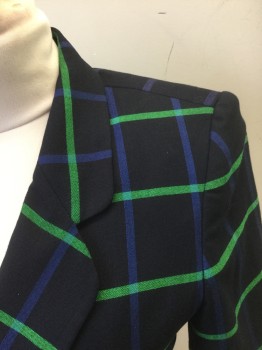 JONES NEW YORK, Black, Royal Blue, Green, Polyester, Plaid-  Windowpane, Short Sleeves, Heavily Padded Shoulders, Rounded Notched Lapel, 1 Button, 2 Welt Pockets, Burgundy Satin Lining
