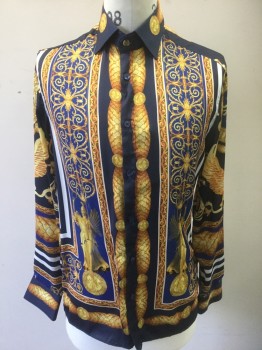 Mens, Club Shirt, MONDO, Navy Blue, Polyester, Novelty Pattern, M, with Gold Leaf/Roman Inspired Pattern, with Swirled Gold Metalwork Pattern, Greek Statue, Eagle Statue, Etc, Long Sleeve Button Front, Collar Attached,