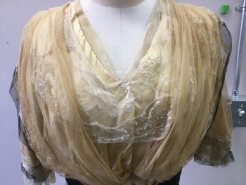MTO, Gold, Cream, Black, Silk, Polyester, Solid, Floral, Gold Satin with Gold and Black Mesh, Delicate Silk Floral Embroidery with White Sequins, V-neck with Delicate Cream Lace Overlay with Sequins/beading, Ruched Shoulders with Draping Down to Waist, Black Pleated Taffeta Waist Band, 3 Front Lace Tiers with Black Netting Trim, 1/4 Sleeves with Detailed Embroidery/black Mesh/ Ruffle and Black/clear Beading **shredding on Lace, Stains on Skirt**,