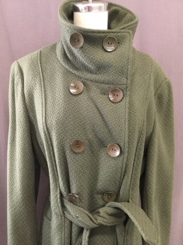 Womens, Coat, COLLECTION GALLERY, Olive Green, Wool, Zig-Zag , B 38, M, Heathered Olive with Self Zigzag Weave, Collar Attached, Double Breasted, Belt, Slit Pockets, **Belt**
