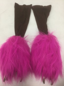 N/L, Neon Pink, Polyester, Plastic, Solid, PAWS, Furry, Realistic Rubber "Claws", Attached to Brown Jersey Stretch Elbow Gloves