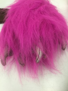 N/L, Neon Pink, Polyester, Plastic, Solid, PAWS, Furry, Realistic Rubber "Claws", Attached to Brown Jersey Stretch Elbow Gloves