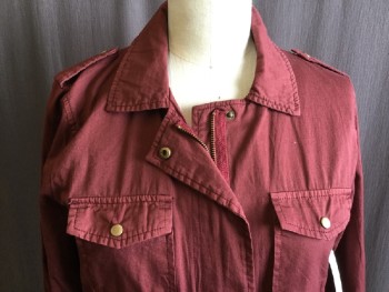 Womens, Casual Jacket, L.Asdridge By VELVET, Maroon Red, Cotton, Solid, M, Collar Attached, Snap & Zip Front, Epps, 4  Pockets with Flap, 2 Pockets with Zip, Long Sleeves, D-string Waist Band