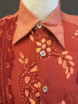 RITE & RITE, Brick Red, Orange, Salmon Pink, Yellow, Rayon, Floral, Heathered, Collar Attached, Button Front, 1 Pocket, Long Sleeves,
