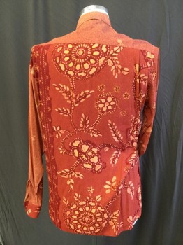 RITE & RITE, Brick Red, Orange, Salmon Pink, Yellow, Rayon, Floral, Heathered, Collar Attached, Button Front, 1 Pocket, Long Sleeves,