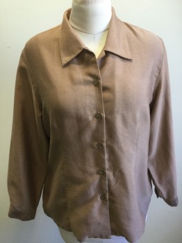 Womens, Blouse, FINALE, Coffee Brown, Synthetic, Solid, B38, Large, Button Front, Collar Attached, Long Sleeves,