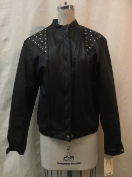 Womens, Casual Jacket, CHERAD, Black, Metallic, Faux Leather, Metallic/Metal, Solid, M, Black, Silver Studded Yolk Detail, Zip Front, Collar Stand