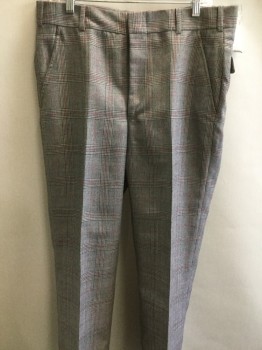 Mens, 1970s Vintage, Suit, Pants, N/L, Gray, Black, Red, Wool, Plaid, 29+, 34, Front, Zip Fly, Belt Loops, 4 Pockets,