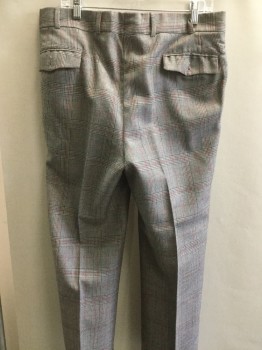 Mens, 1970s Vintage, Suit, Pants, N/L, Gray, Black, Red, Wool, Plaid, 29+, 34, Front, Zip Fly, Belt Loops, 4 Pockets,