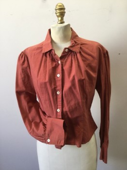 MTO, Terracotta Brown, Cotton, Solid, Working Class Blouse. Long Sleeves, Collar Attached, Button Front, Gathers at Neck Front. Sun Damage at Sleeves Especially Left Sleeve,