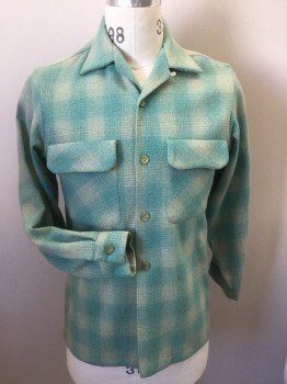 Mens, Casual Shirt, PENNY'S TOWNCRAFT, Mint Green, Champagne, Wool, Plaid, 14-, Small, 14.5, Button Front, 2 Pockets, 30" Long Sleeves, Heavy Weight