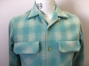 PENNY'S TOWNCRAFT, Mint Green, Champagne, Wool, Plaid, Button Front, 2 Pockets, 30" Long Sleeves, Heavy Weight