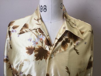 Mens, Shirt Disco, PAUL CHANG, Yellow, Brown, White, Orange, Polyester, Floral, 16/32, Peaked Collar, Button Front, Ls