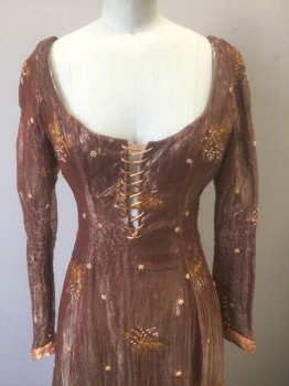 Womens, Historical Fiction Dress, N/L MTO, Terracotta Brown, Peach Orange, Orange, Metallic, Polyester, Beaded, Floral, W:24, B:32, Terracotta Metallic with Orange Embroidery and Pale Peach Clusters of Pearls, Long Sleeves, Scoop Neck, Peach Satin Lacing at Front and Back, Orange Satin at Cuffs, Floor Length, Medieval Inspired Custom Build