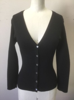 MICHAEL KORS, Black, Cashmere, Solid, Knit, 3/4 Sleeve, V-neck, 5 Buttons, Fitted