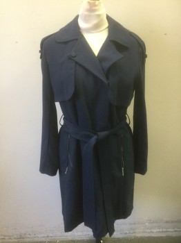 Womens, Coat, Trenchcoat, AB, Navy Blue, Polyester, Viscose, Solid, M, Snap Closures, Notched Collar, Epaulettes, **With Matching Belt