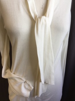 Womens, Pullover, DRAPERS & DAMONS, Cream, Cotton, Rayon, Solid, L, V-neck with Collar Attached Self Bow Tie, Long Sleeves, Ribbed Long Sleeves Cuffs & Hem