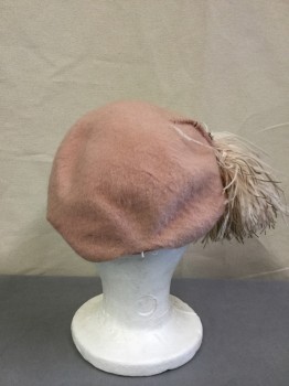 Womens, Hat, CLOVER LANE, Dusty Rose Pink, Wool, Feathers, Solid, Soft Small Fur felt Beret with Wire Structure,