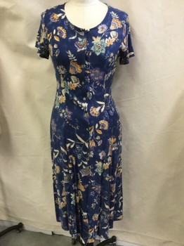 NOTATIONS CLOTHNG CO, Blue, Rayon, Floral, Blue Mottled with Cream/Tan/Green/Brown Floral Print, Scoop V-neck, Short Sleeves, Button Front, 3/4 Length, Flair Bottom, Self Attached Short Tie Back,