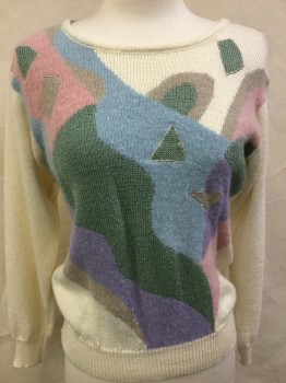 N/L, Cream, Khaki Brown, Pink, Lavender Purple, Sea Foam Green, Acrylic, Abstract , Long Sleeves, Pull Over, Crew Neck,