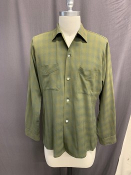 ARROW, Olive Green, Green, Viscose, Rayon, Plaid, Button Front, Collar Attached, Long Sleeves, 2 Chest Pockets, Seam on Left Pocket Slightly Open Lining Ripped at Neck