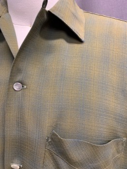 Mens, Shirt, ARROW, Olive Green, Green, Viscose, Rayon, Plaid, 32.5, 15.5, Button Front, Collar Attached, Long Sleeves, 2 Chest Pockets, Seam on Left Pocket Slightly Open Lining Ripped at Neck